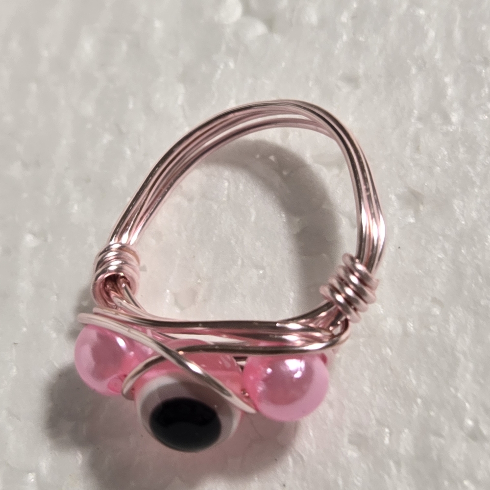 Pink Wire Wrapped Evil Eye Beaded Ring